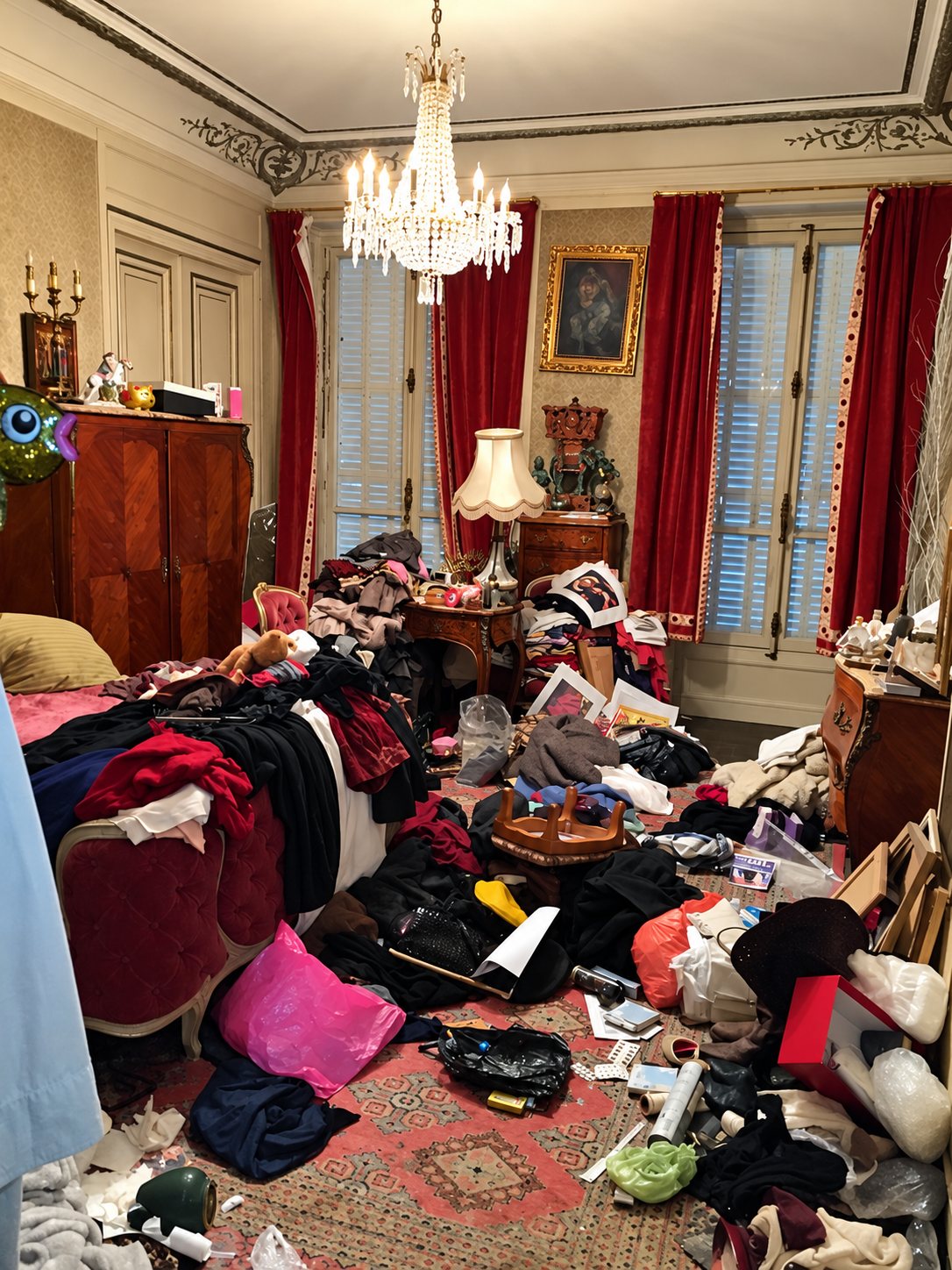 Une chambre de style classique avec lustre à pampilles et rideaux rouges, dont le lit, les meubles et le tapis sont recouverts de vêtements, de sacs et d'objets en désordre.