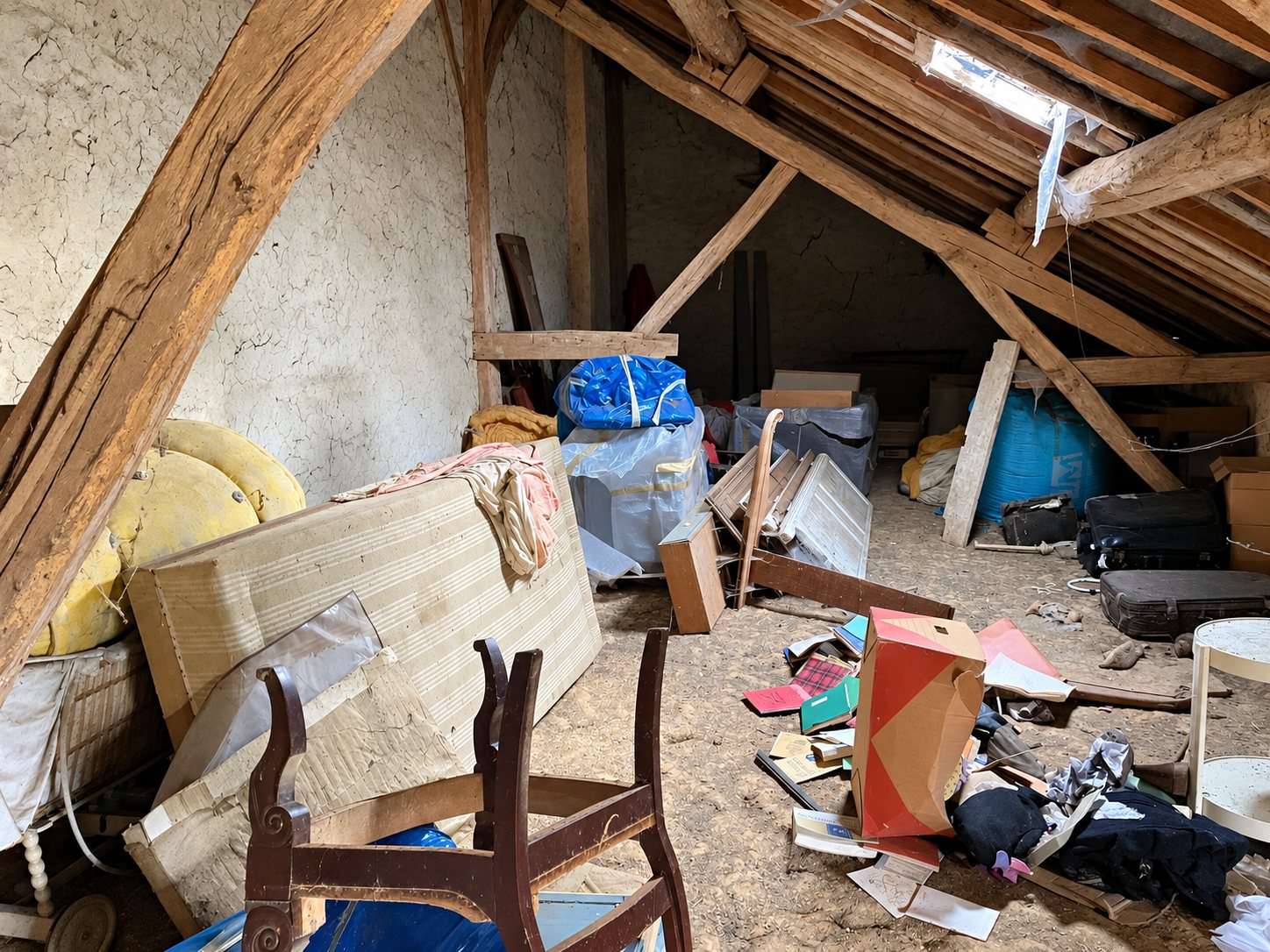 Un grenier sous charpente en bois, au sol en terre, rempli de matelas, de chaises cassées, de cartons et de divers objets entassés.