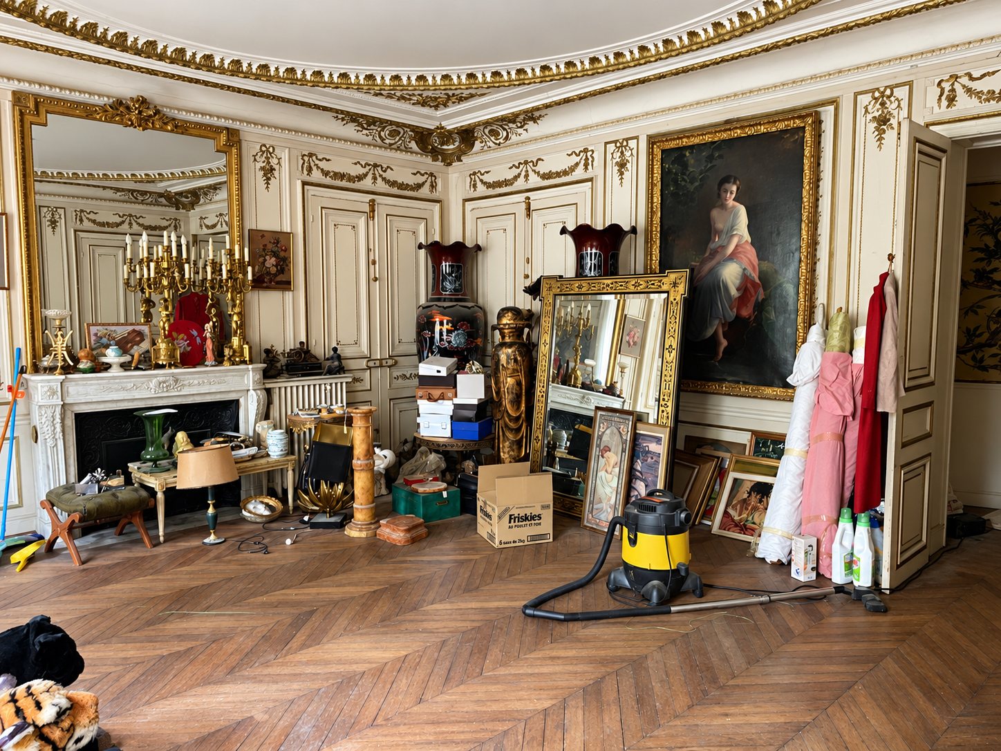 Grand salon haussmannien aux boiseries dorées, rempli de miroirs, de tableaux, de bibelots, de cartons et d'un aspirateur sur un parquet en chevrons.