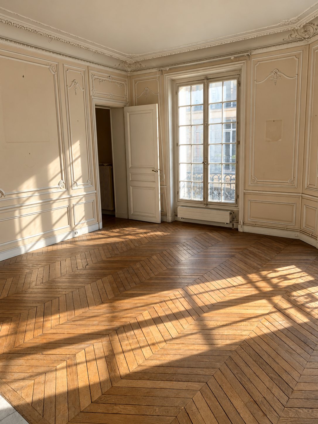 Pièce vide d'un appartement ancien avec boiseries, grande fenêtre et parquet en chevrons éclairé par le soleil.